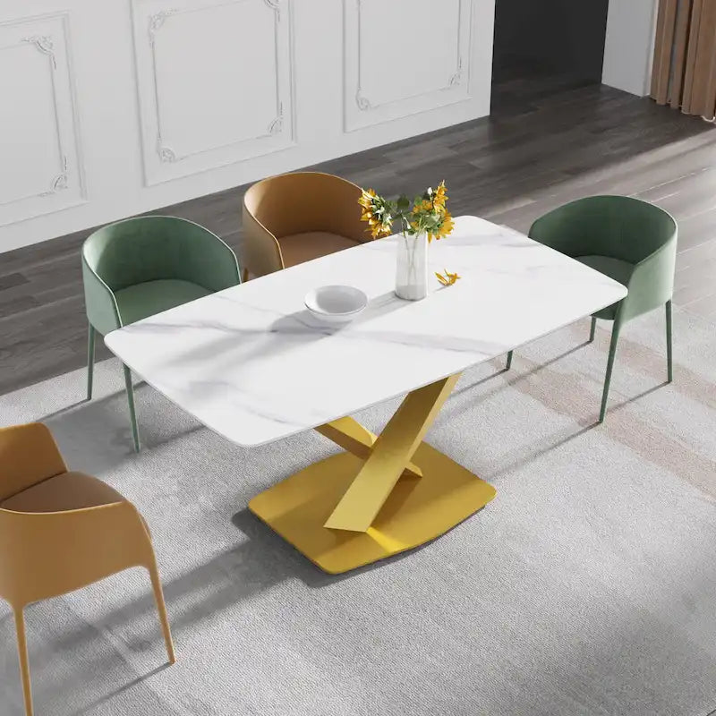 63 Modern Dining Table with Slate Stone Top and Metal Legs, Marble Dining Table
