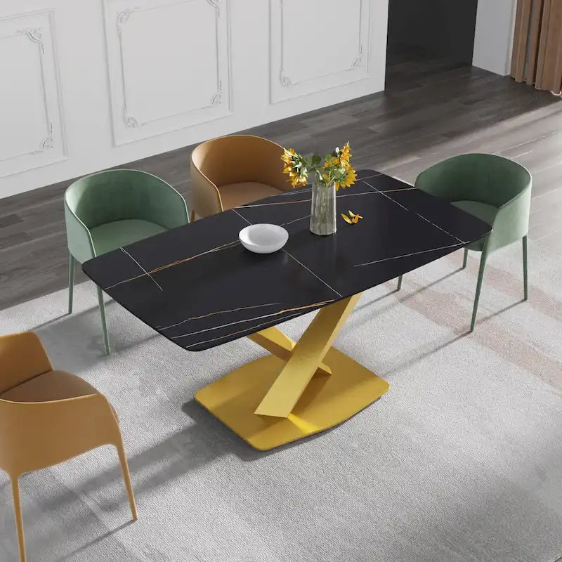 63 Modern Dining Table with Slate Stone Top and Metal Legs, Marble Dining Table
