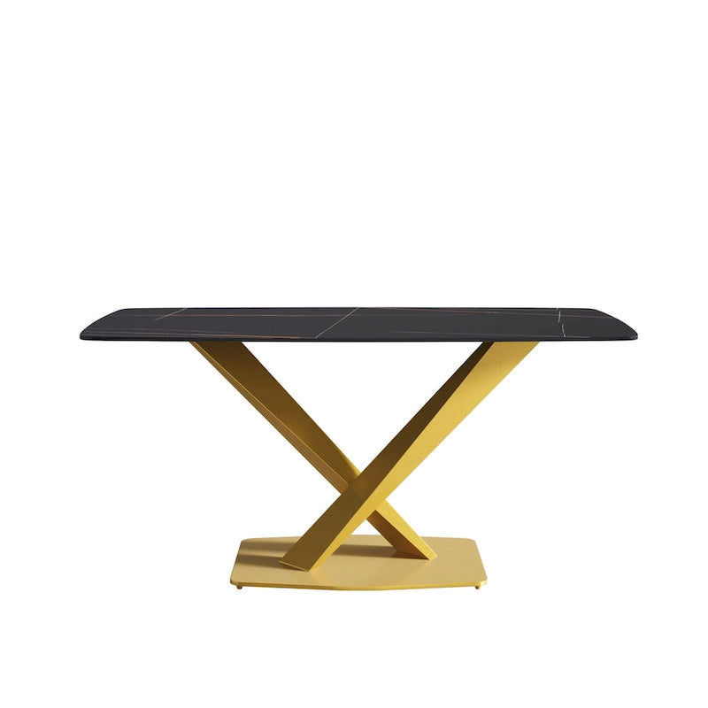 63 Modern Dining Table with Slate Stone Top and Metal Legs, Marble Dining Table