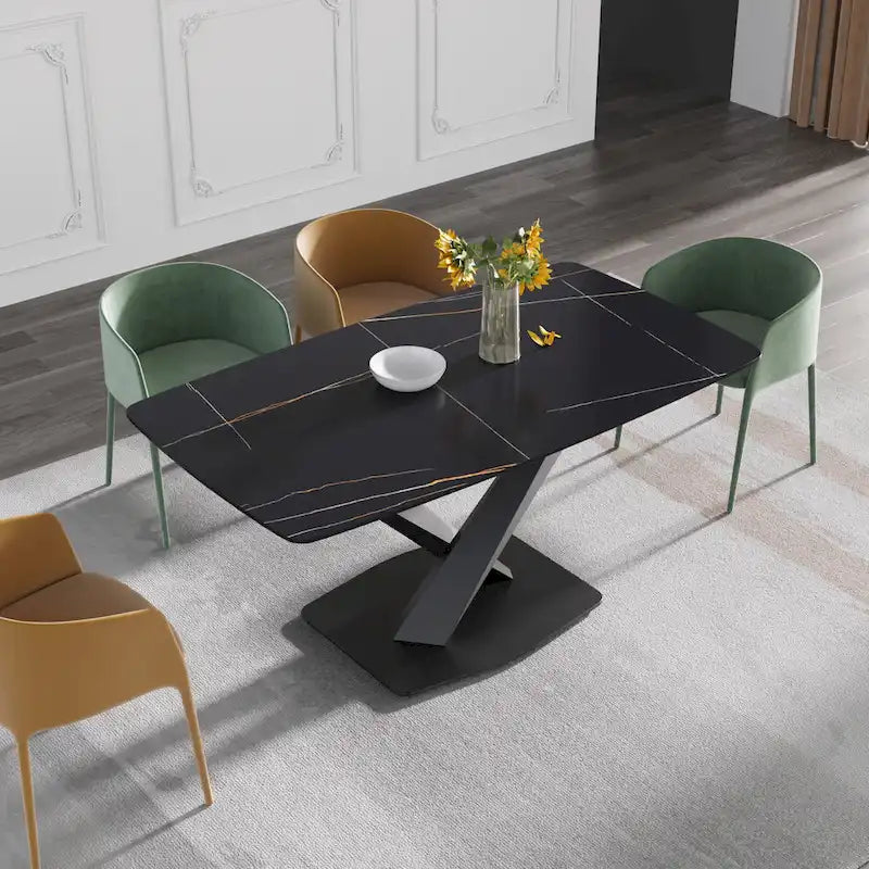 63 Modern Dining Table with Slate Stone Top and Metal Legs, Marble Dining Table