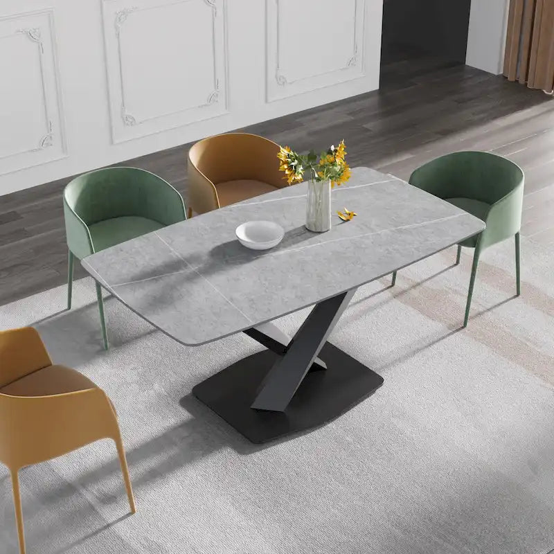 63 Modern Dining Table with Slate Stone Top and Metal Legs, Marble Dining Table