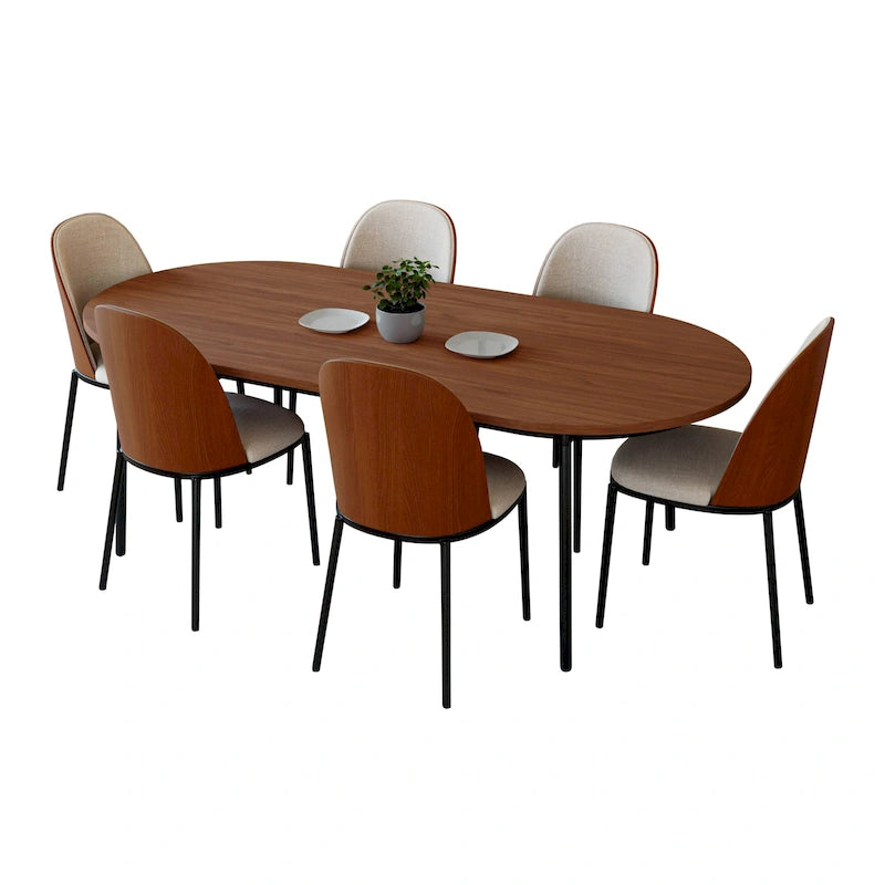 7-Piece Dining Set in Black Steel with 6 Chairs and Table Tule Collection by LeisureMod