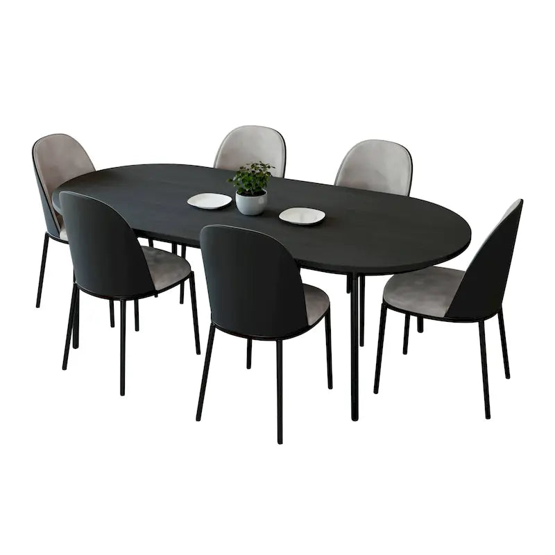 7-Piece Dining Set in Black Steel with 6 Chairs and Table Tule Collection by LeisureMod