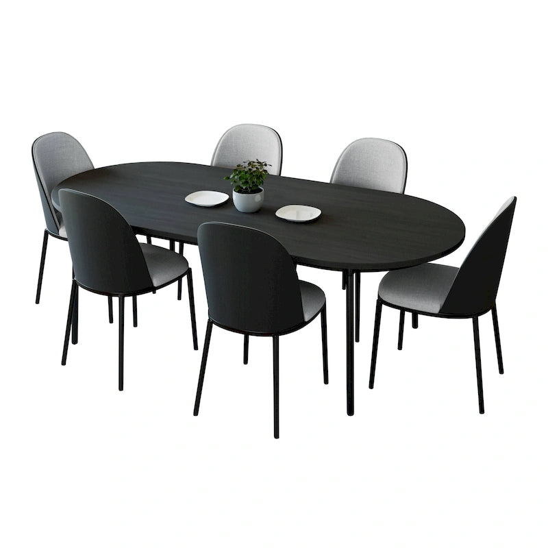 7-Piece Dining Set in Black Steel with 6 Chairs and Table Tule Collection by LeisureMod