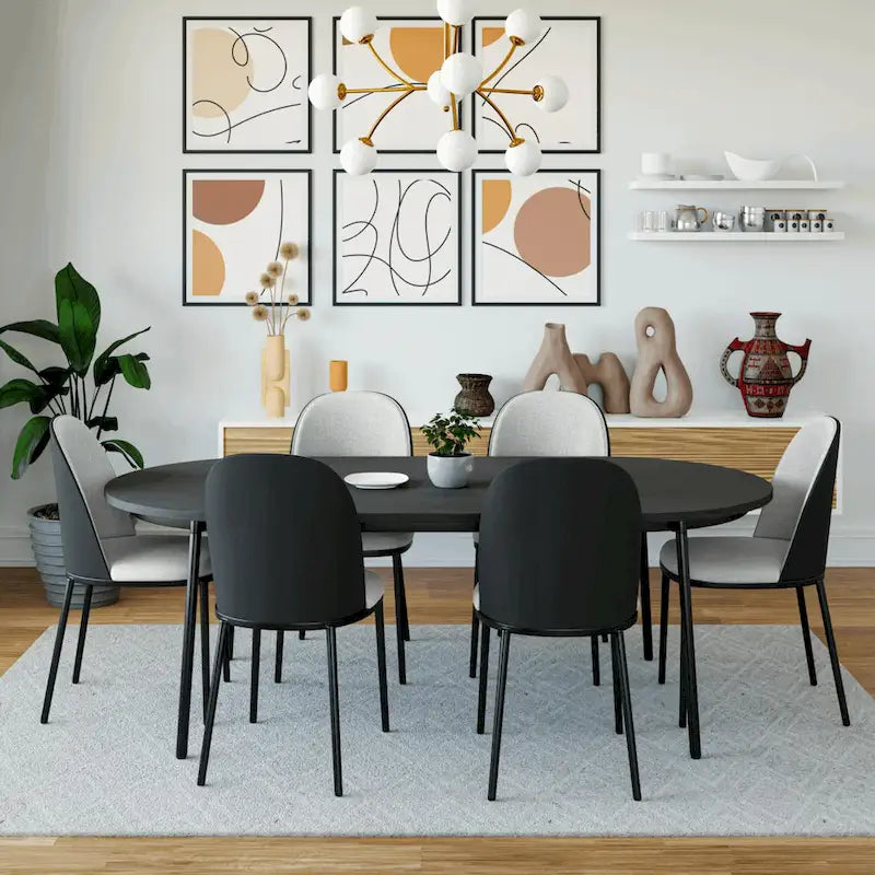 7-Piece Dining Set in Black Steel with 6 Chairs and Table Tule Collection by LeisureMod