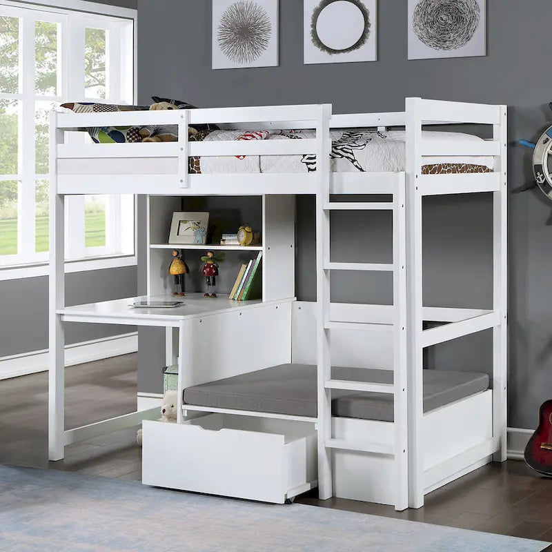 Furniture of America Wegh Solid Wood Twin Size Loft Bed with Workstation and Hidden Storage