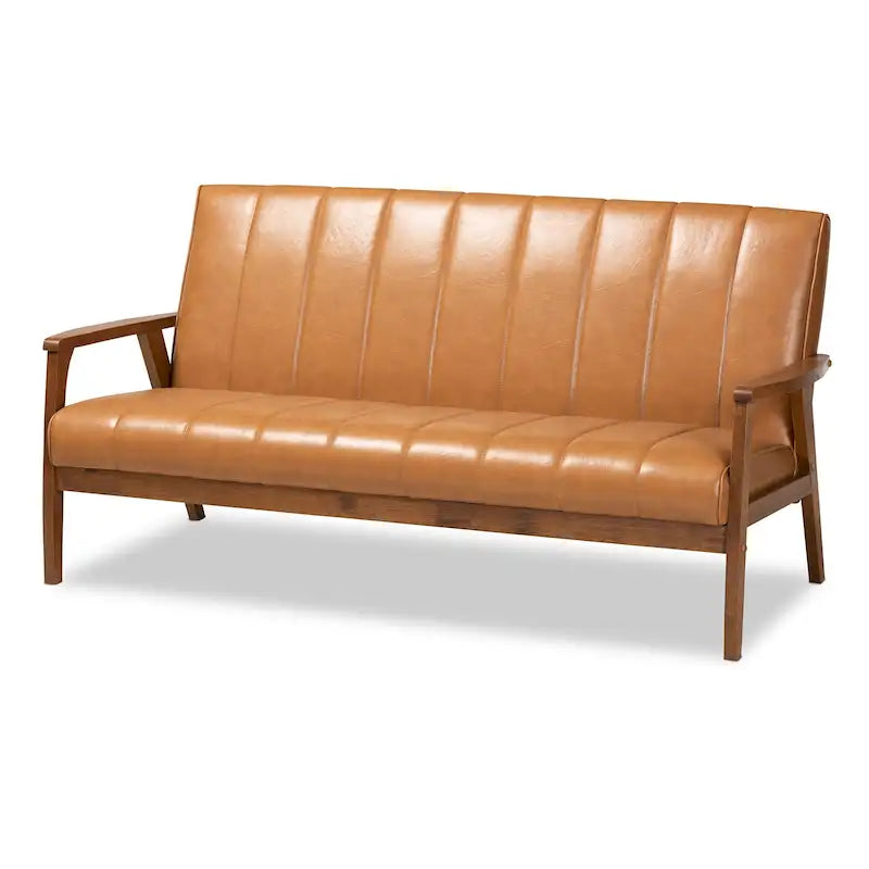 Nikko Tan Faux Leather and Walnut finished Wood Sofa