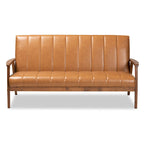 Nikko Tan Faux Leather and Walnut finished Wood Sofa