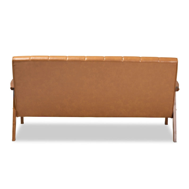 Nikko Tan Faux Leather and Walnut finished Wood Sofa