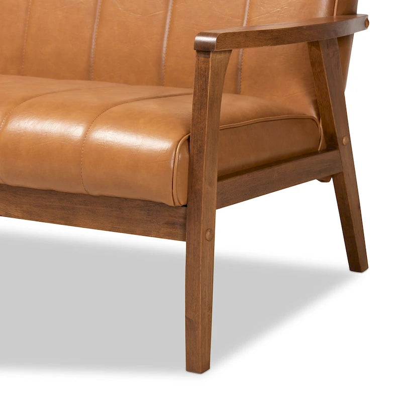 Nikko Tan Faux Leather and Walnut finished Wood Sofa