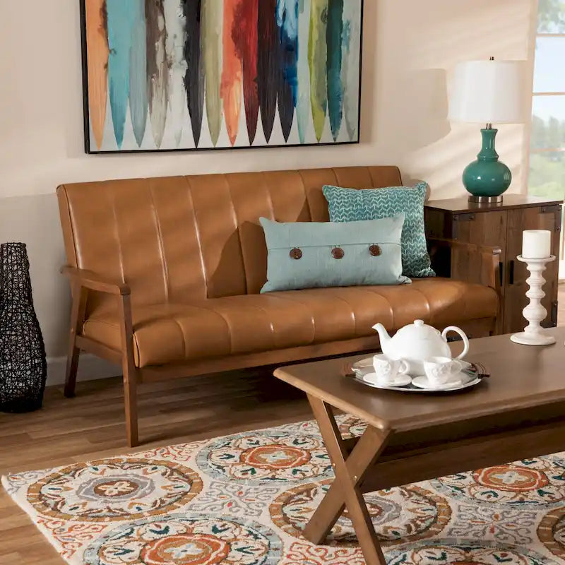 Nikko Tan Faux Leather and Walnut finished Wood Sofa