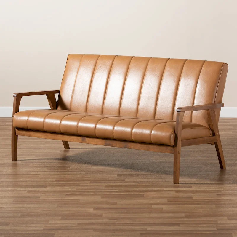 Nikko Tan Faux Leather and Walnut finished Wood Sofa