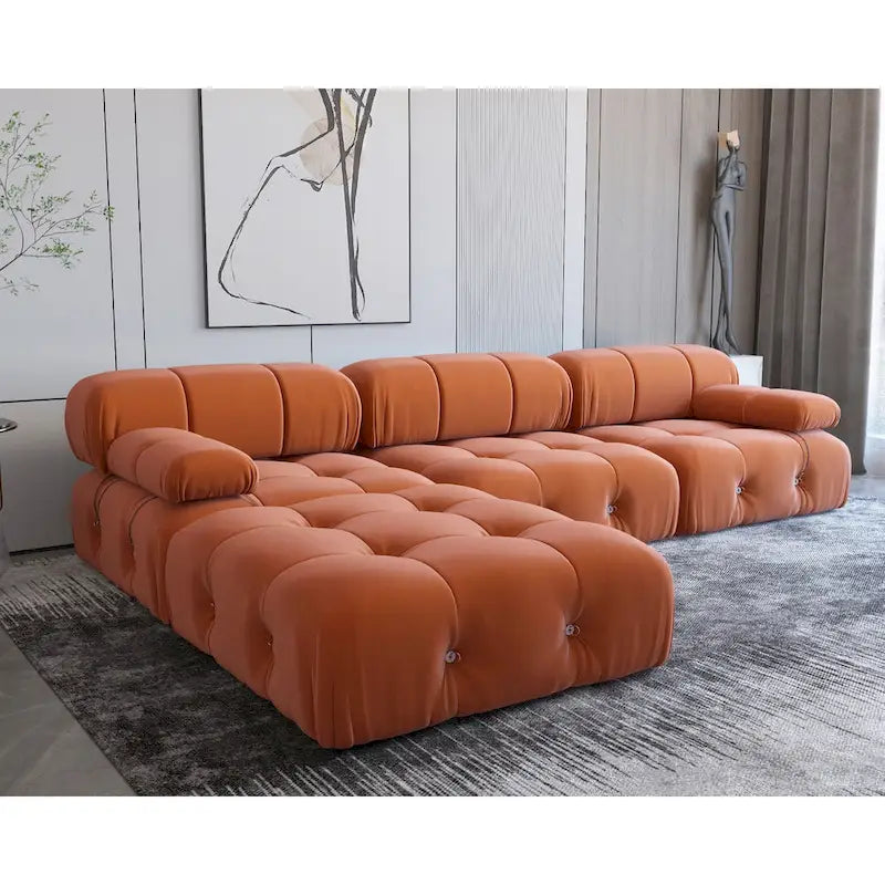 Modern Orange Velvet Upholstered Large Modular Sectional Sofa