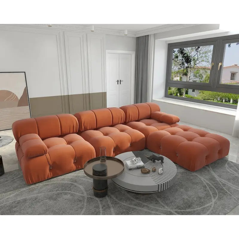 Modern Orange Velvet Upholstered Large Modular Sectional Sofa