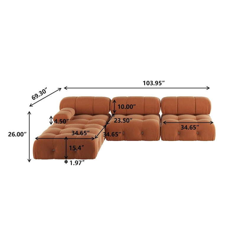 Modern Orange Velvet Upholstered Large Modular Sectional Sofa