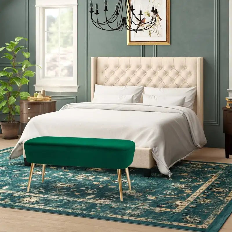 Adeco Velvet Bench Footrest, Bed End Stool Metal Legs, Dressing Chair