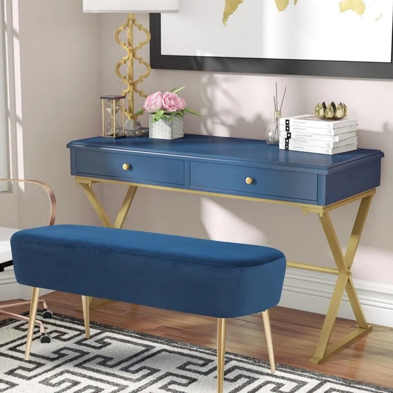 Adeco Velvet Bench Footrest, Bed End Stool Metal Legs, Dressing Chair