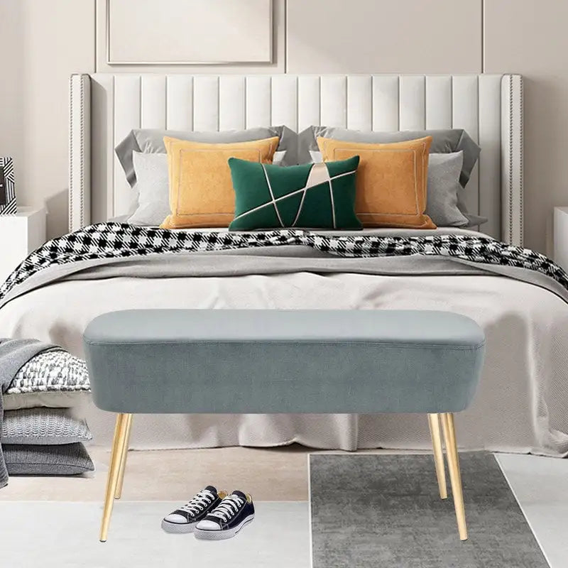 Adeco Velvet Bench Footrest, Bed End Stool Metal Legs, Dressing Chair