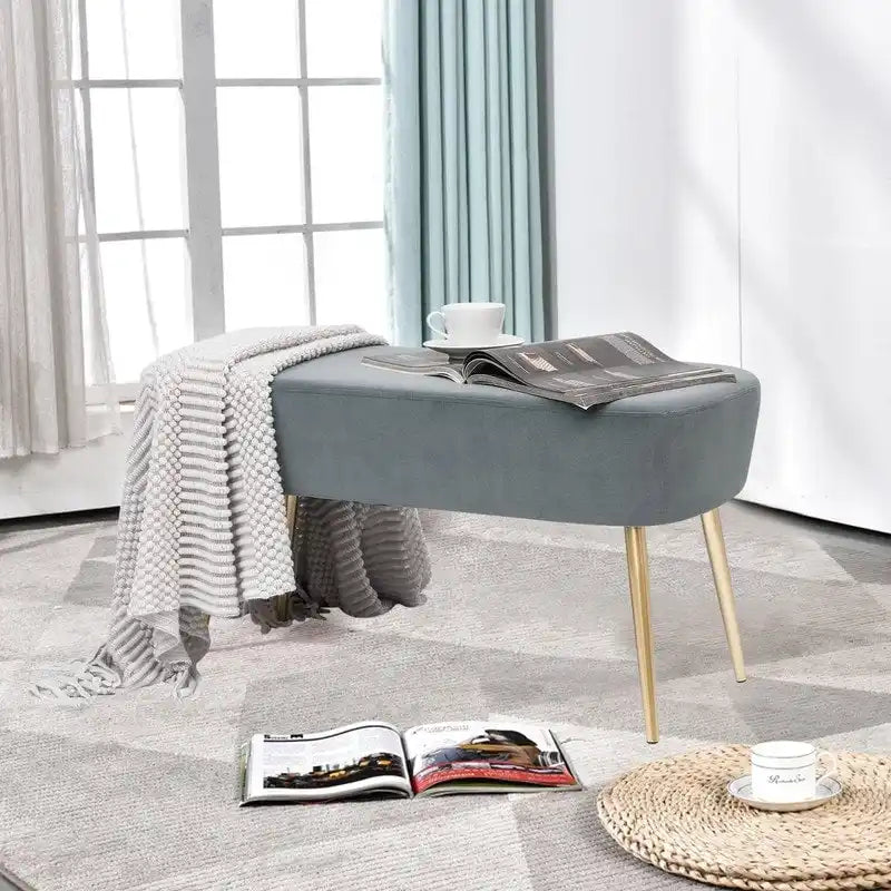 Adeco Velvet Bench Footrest, Bed End Stool Metal Legs, Dressing Chair