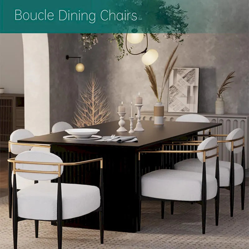 Boucle Dining Chair Living Room Chair with Thickened Plush Seat Cushion and Sleek Metal Frame