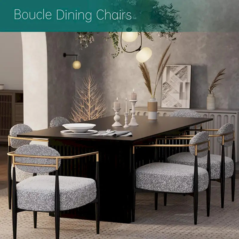 Boucle Dining Chair Living Room Chair with Thickened Plush Seat Cushion and Sleek Metal Frame
