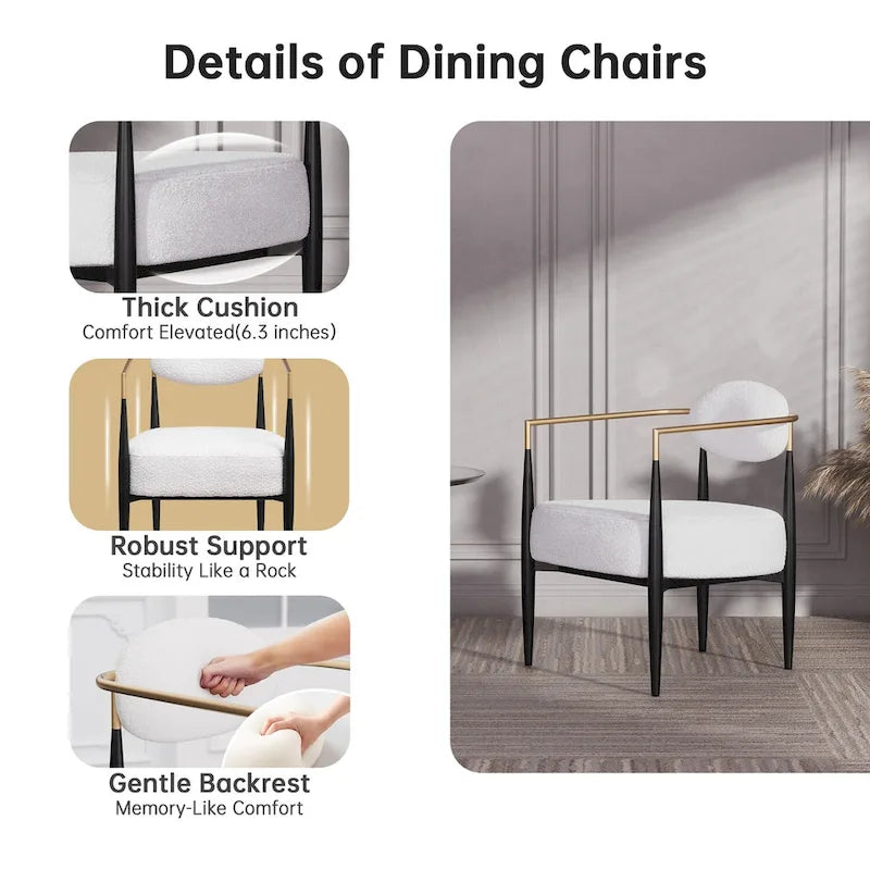Boucle Dining Chair Living Room Chair with Thickened Plush Seat Cushion and Sleek Metal Frame