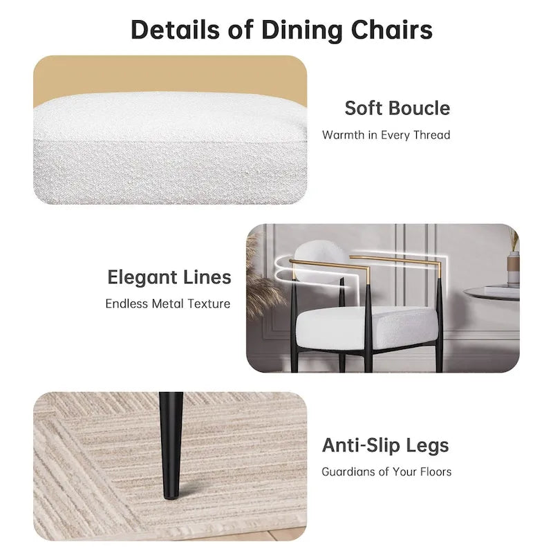 Boucle Dining Chair Living Room Chair with Thickened Plush Seat Cushion and Sleek Metal Frame