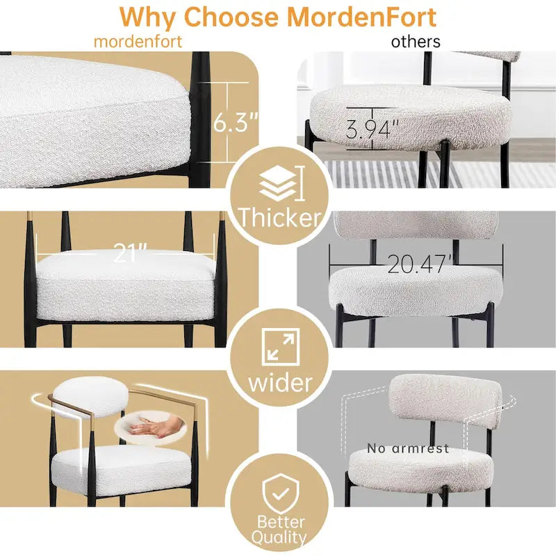 Boucle Dining Chair Living Room Chair with Thickened Plush Seat Cushion and Sleek Metal Frame