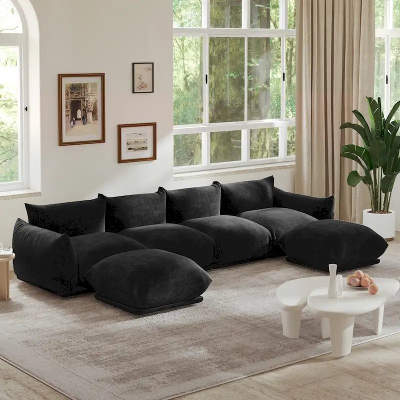 Chenille Fabric Sectional Sofa U-shaped 4-seats Sofa with 2 Ottomans