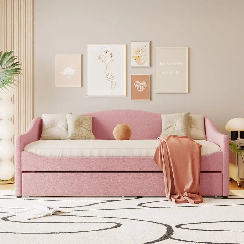 Teddy Fleece Twin Size Upholstered Daybed with Light,Trundle