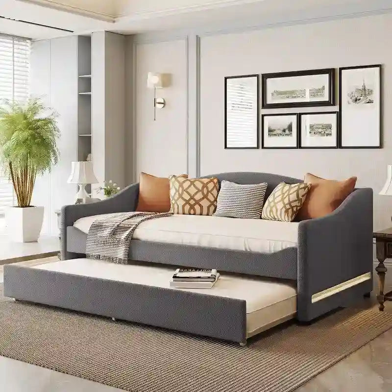 Teddy Fleece Twin Size Upholstered Daybed with Light,Trundle