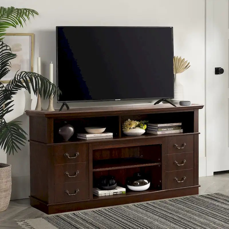 60W Retro TV Stand Entertainment Center, 2 Cabinets&Open Shelves - 60W*15.75D*34.25H