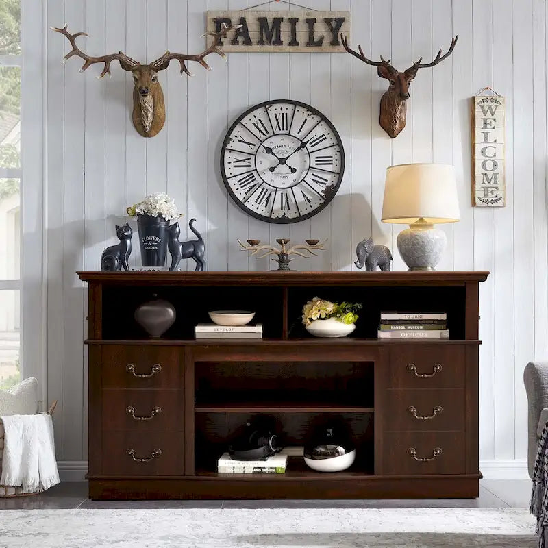 60W Retro TV Stand Entertainment Center, 2 Cabinets&Open Shelves - 60W*15.75D*34.25H