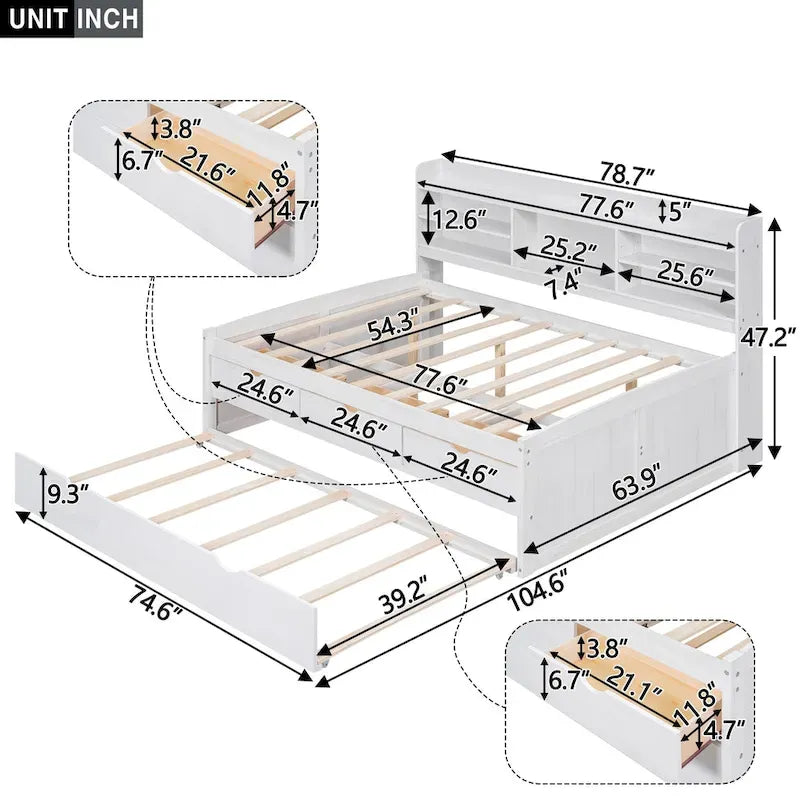 Full Size Wooden Captain Bed with Built-in Bookshelves,Three Storage Drawers and Trundle,Antique Grey