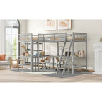 Wood Twin Size L-Shaped Loft Bed with Ladder and 2 Built-in L-Shaped Desks, Gray