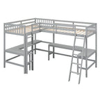 Wood Twin Size L-Shaped Loft Bed with Ladder and 2 Built-in L-Shaped Desks, Gray