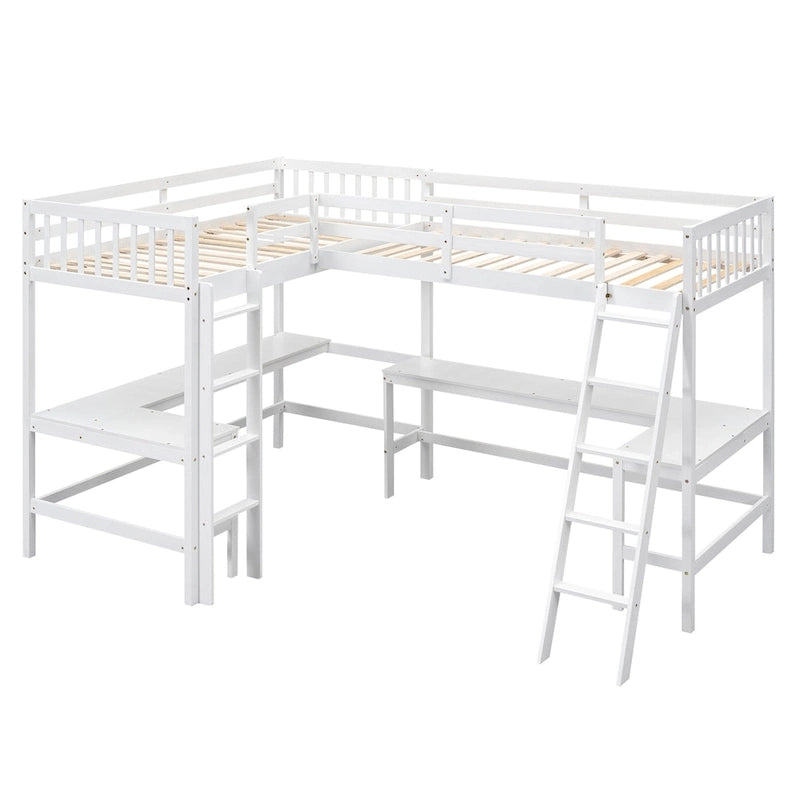 Wood Twin Size L-Shaped Loft Bed with Ladder and 2 Built-in L-Shaped Desks, Gray