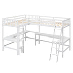 Wood Twin Size L-Shaped Loft Bed with Ladder and 2 Built-in L-Shaped Desks, Gray