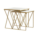 2 Piece Marble Top Nesting Table with Geometric Base, White and Gold