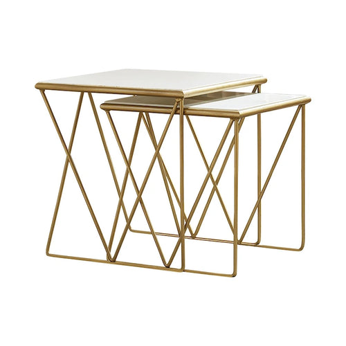 2 Piece Marble Top Nesting Table with Geometric Base, White and Gold