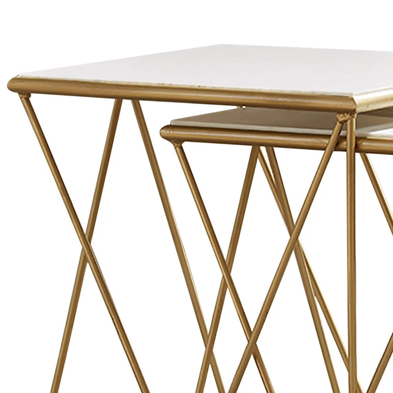 2 Piece Marble Top Nesting Table with Geometric Base, White and Gold