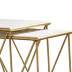 2 Piece Marble Top Nesting Table with Geometric Base, White and Gold