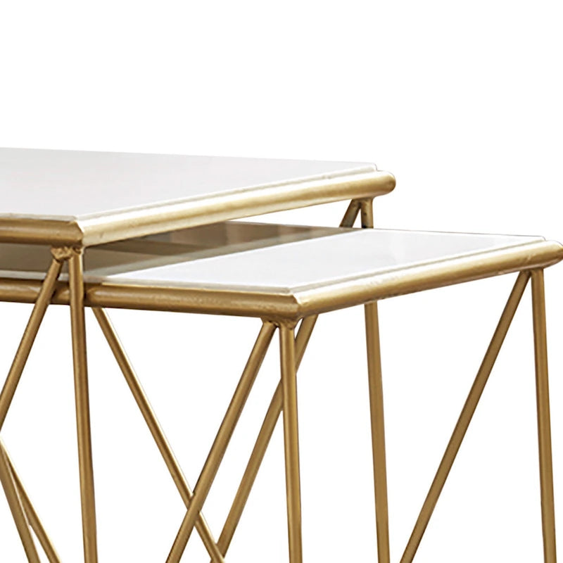 2 Piece Marble Top Nesting Table with Geometric Base, White and Gold