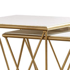 2 Piece Marble Top Nesting Table with Geometric Base, White and Gold