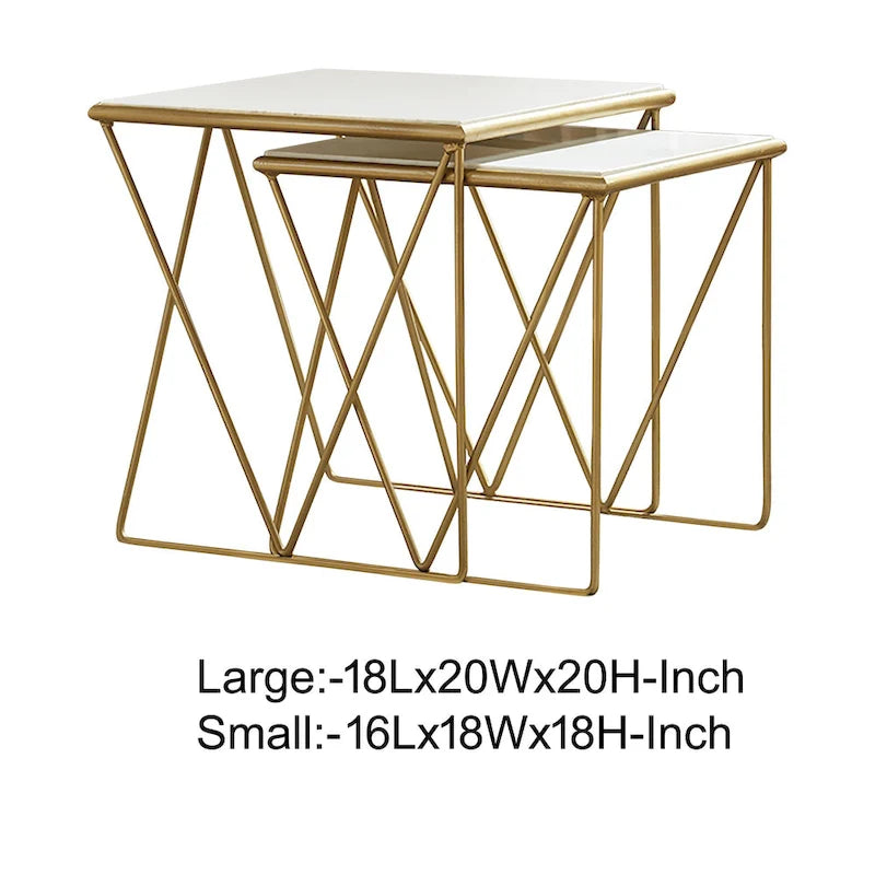 2 Piece Marble Top Nesting Table with Geometric Base, White and Gold
