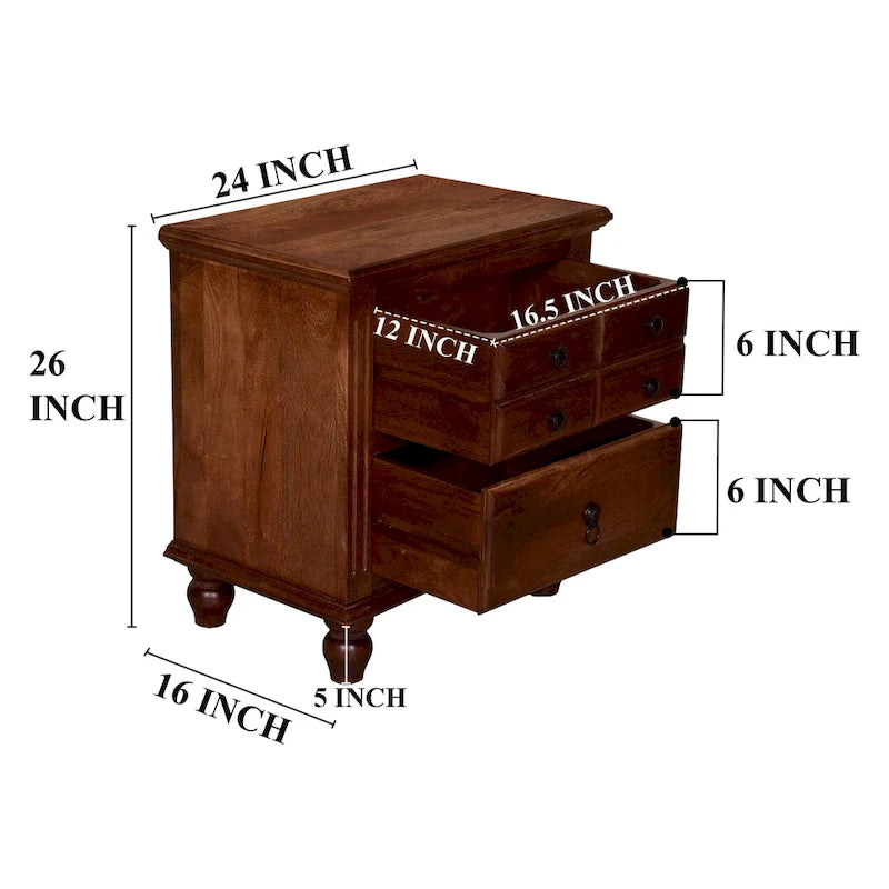 26 Inch Handcrafted Nightstand, 2 Drawers, Black Powder Coated Knobs, Walnut Brown Mango Wood