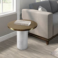 17 Inch Round Brass Modern Accent End Table with Cylindrical Marble Base, Brass, White