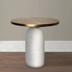 17 Inch Round Brass Modern Accent End Table with Cylindrical Marble Base, Brass, White