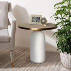 17 Inch Round Brass Modern Accent End Table with Cylindrical Marble Base, Brass, White