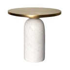 17 Inch Round Brass Modern Accent End Table with Cylindrical Marble Base, Brass, White